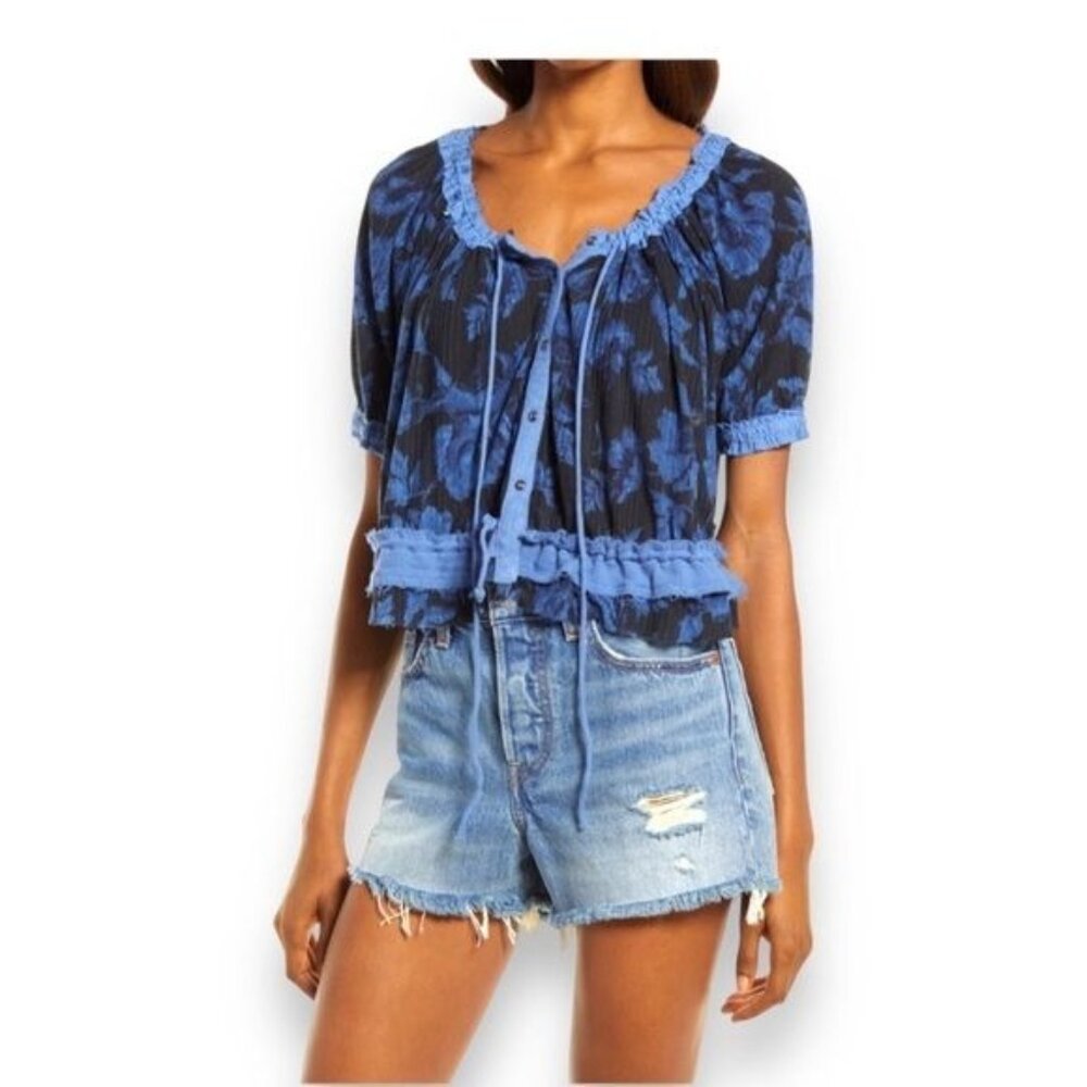 Free People Women’s Perfect Day Button Front Crop Top Boho Chic Casual Blue L